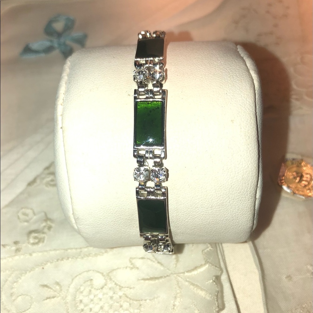 Green Enamel Silver Tone Panned Bracelet Rhinestones  Accents Vintage